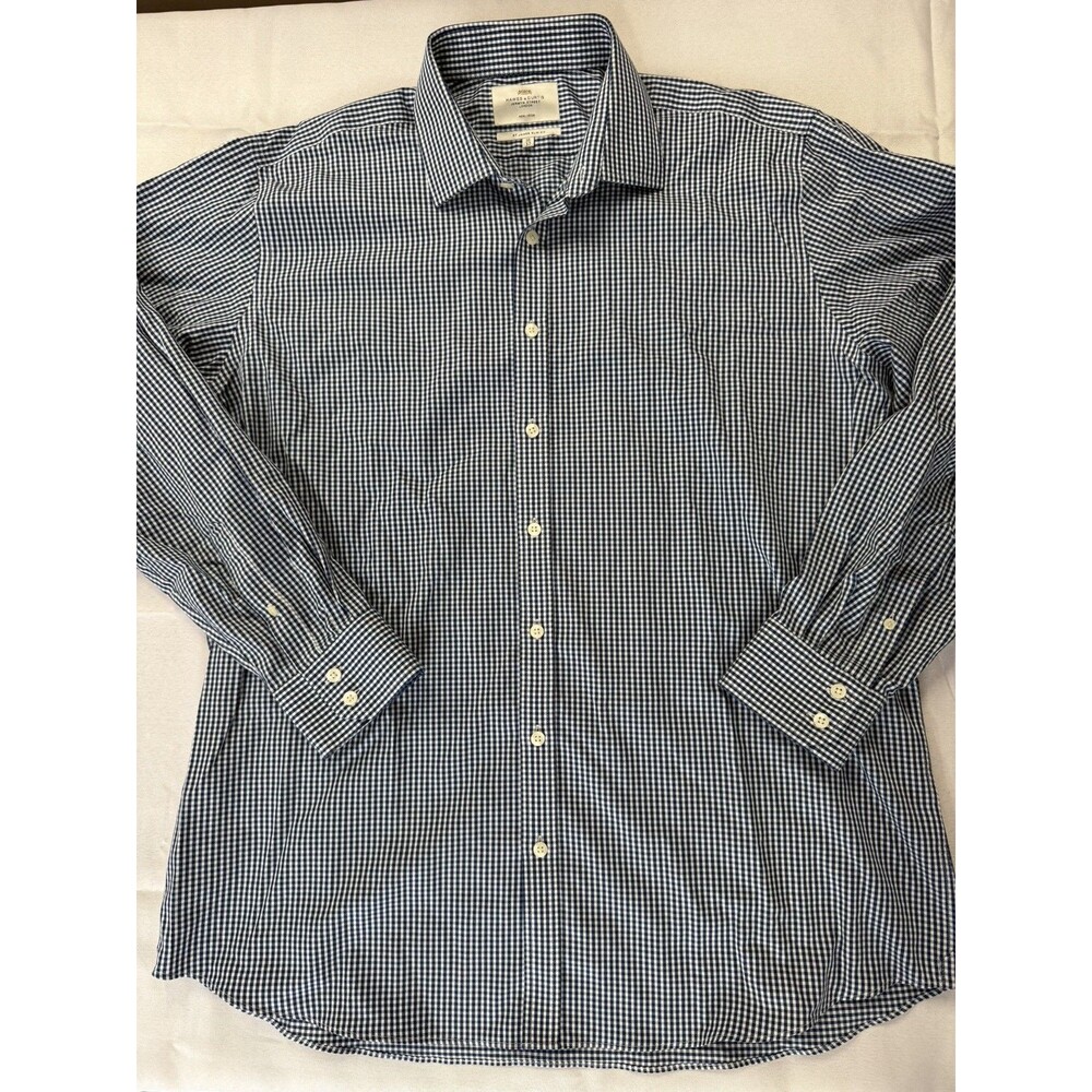 Hawes & Curtis Dress Shirt Mens 18-37 Blue/White Checks Fitted Slim 100% Cotton
